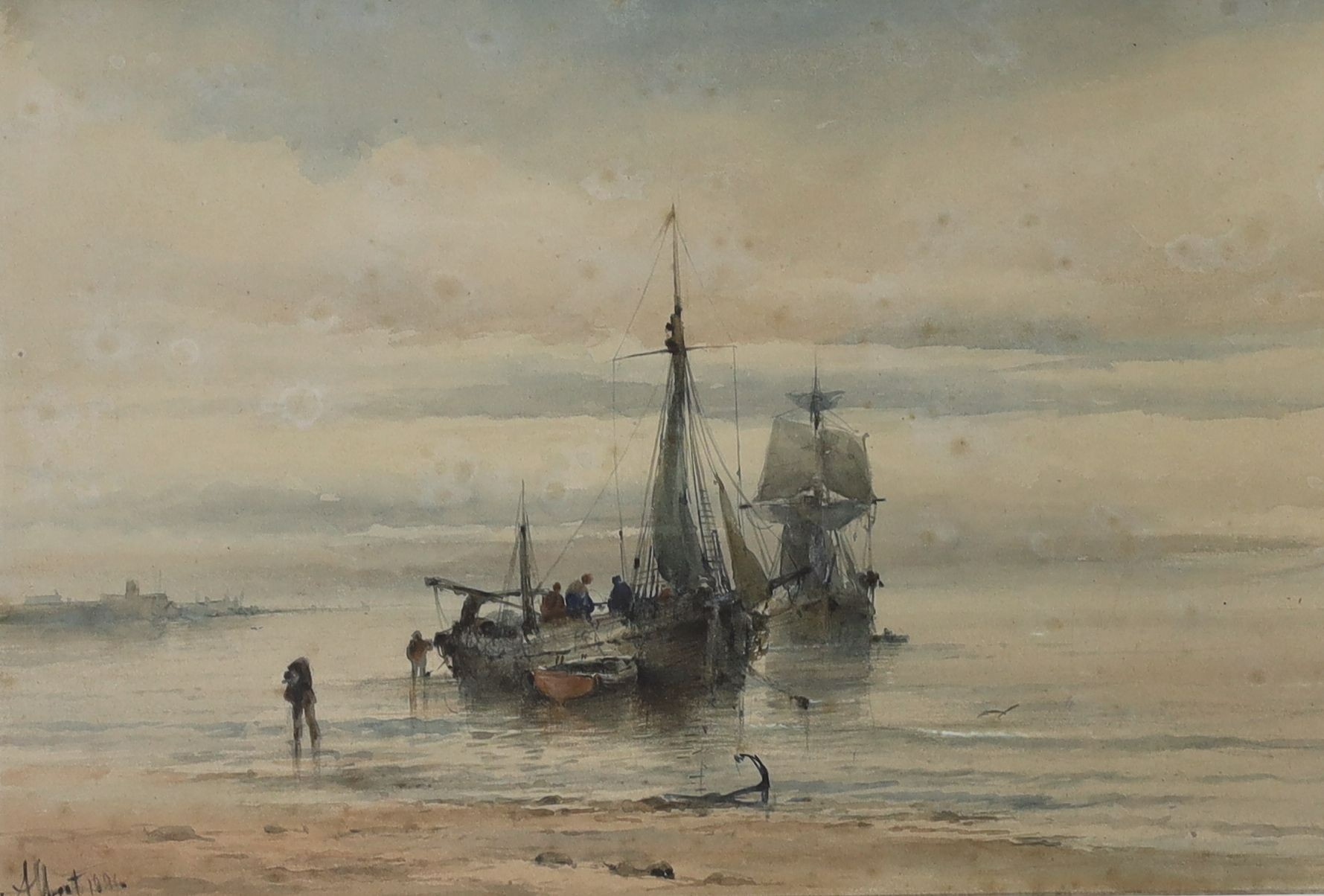 Albert Ernest Markes (1865-1901), watercolour, 'Fishing boats unloading the catch', signed and dated 1886, 18 x 27cm
